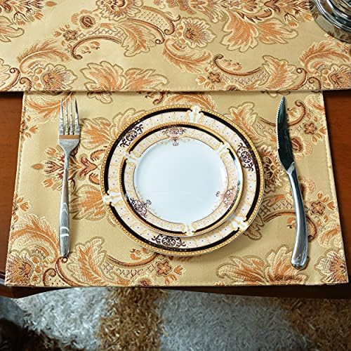 NYSMXF Arany Placemats Étkező Asztal garnitúra 4 asztali Futó Luxus Vastag Bélelt Damaszt Karácsonyi Ünnep Csipke Gyöngyös
