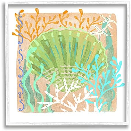 Stupell Iparágak Élénk Korall Overlay Strand Kagyló Akvarell Minta Keretes Wall Art, Design By ismeretlen