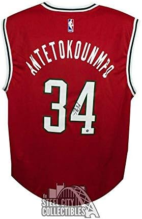 Giannis Antetokounmpo Dedikált Dollár Replika Piros Kosárlabda Mez Steiner - Dedikált NBA Mezek