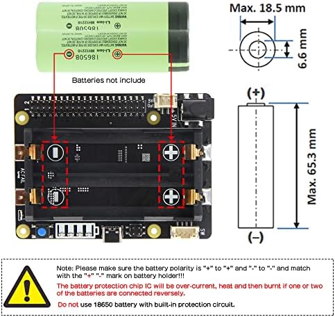 Geekworm Raspberry Pi UPS, X728 V1.3 (Max 5.1 V 8A) 18650 UPS & Power Management Board+X708-A1-8-Sejt 18650 Akku tartó Raspberry
